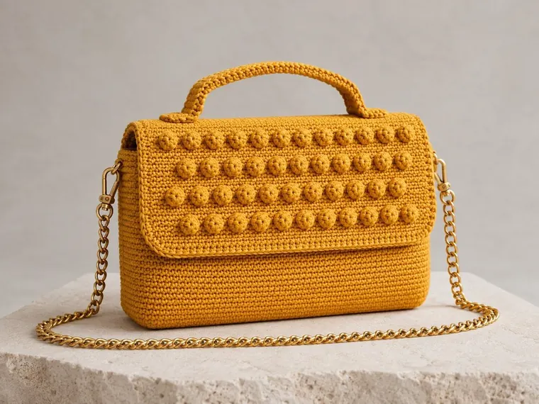 Bolso de crochet mostaza con solapa de pompones y cadena dorada