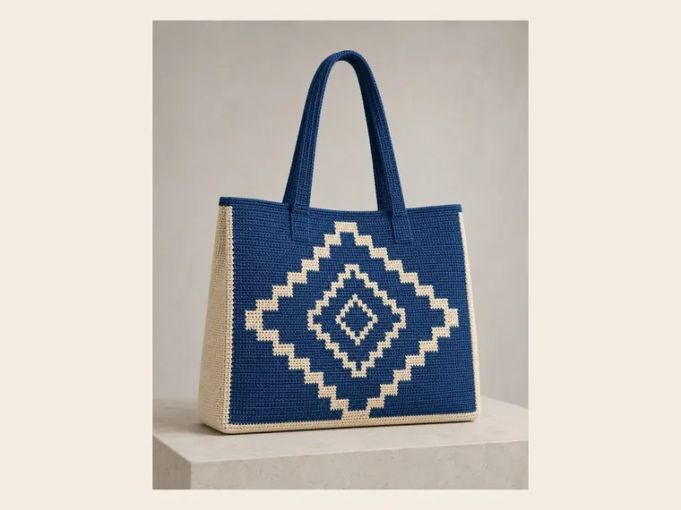 Bolso tote de crochet azul y crema con diseño geométrico