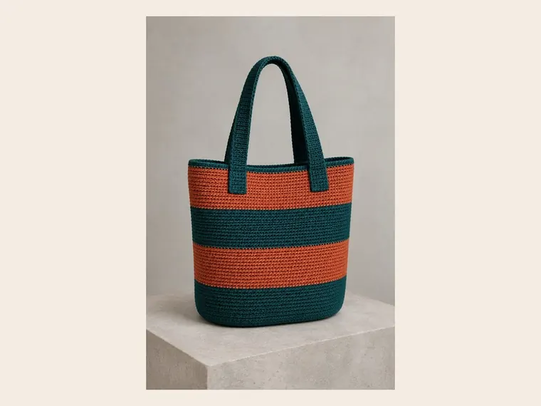 Bolso tote de crochet a rayas naranja y verde