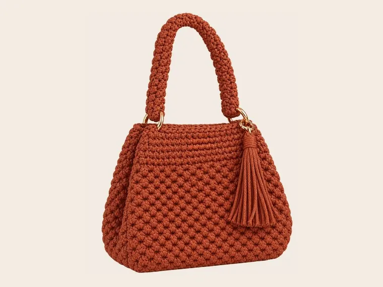 Bolso de mano de crochet color teja con borla