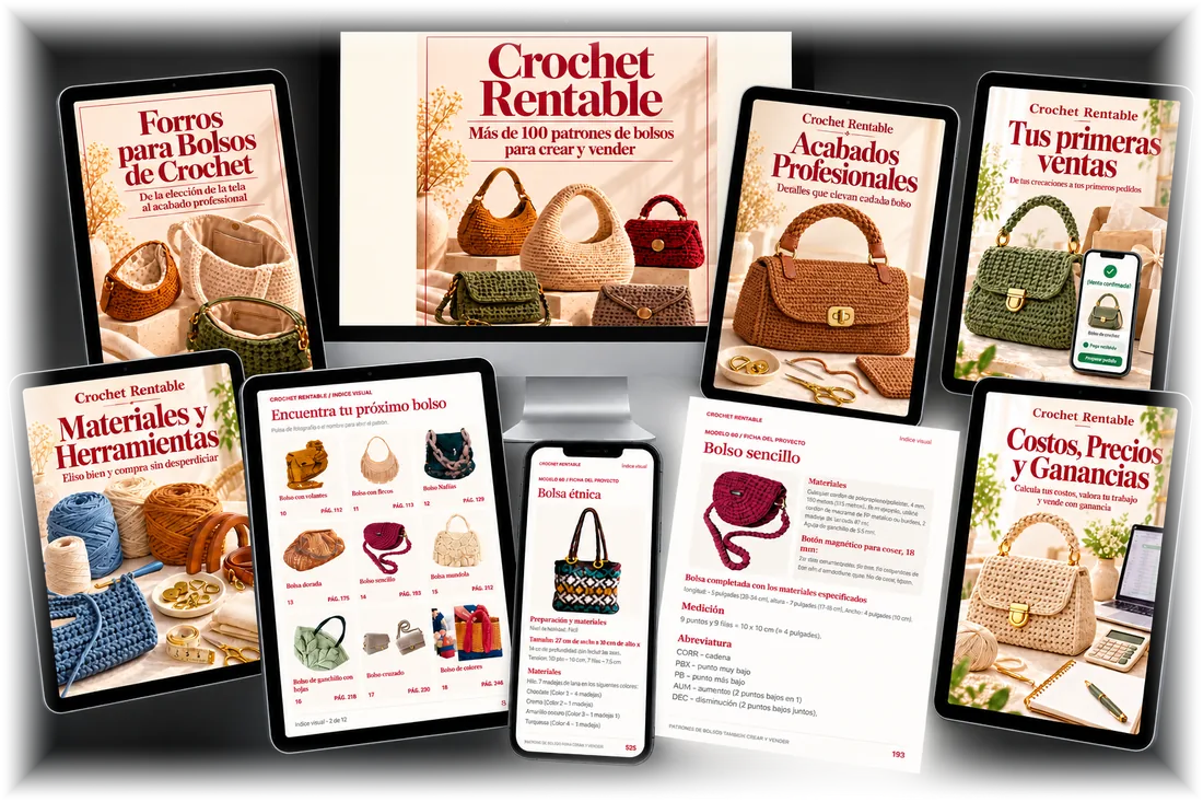 Colección Crochet Rentable con más de 100 patrones de bolsos y sus 5 bonos en tablets, computadora y celular