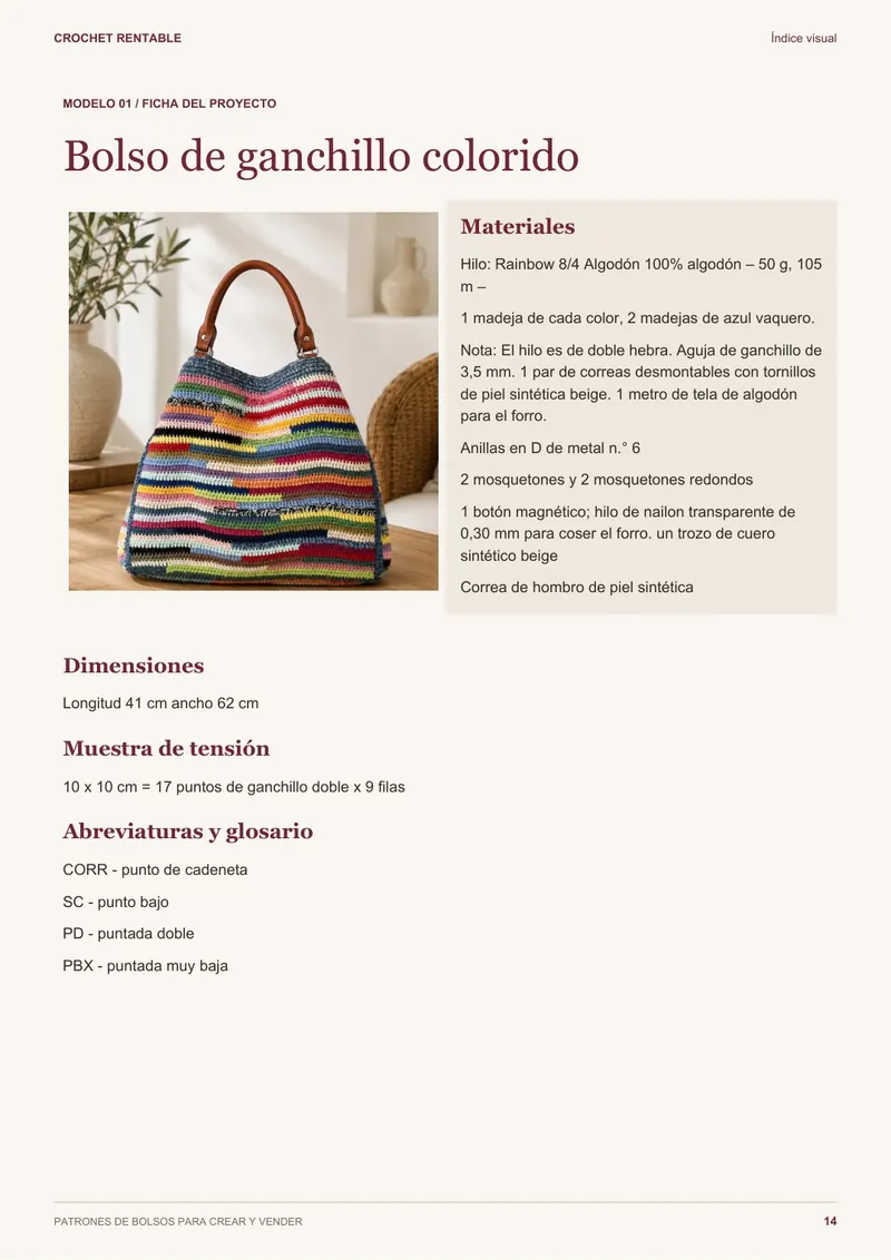 Ficha del proyecto de un bolso con materiales y medidas