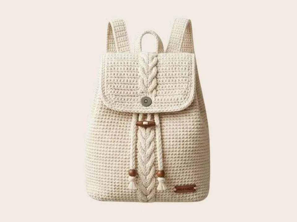 Mochila de crochet con trenzas en color crema