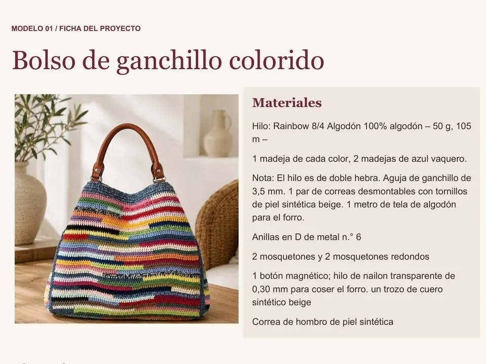 Ficha del proyecto de un bolso de crochet con materiales y medidas