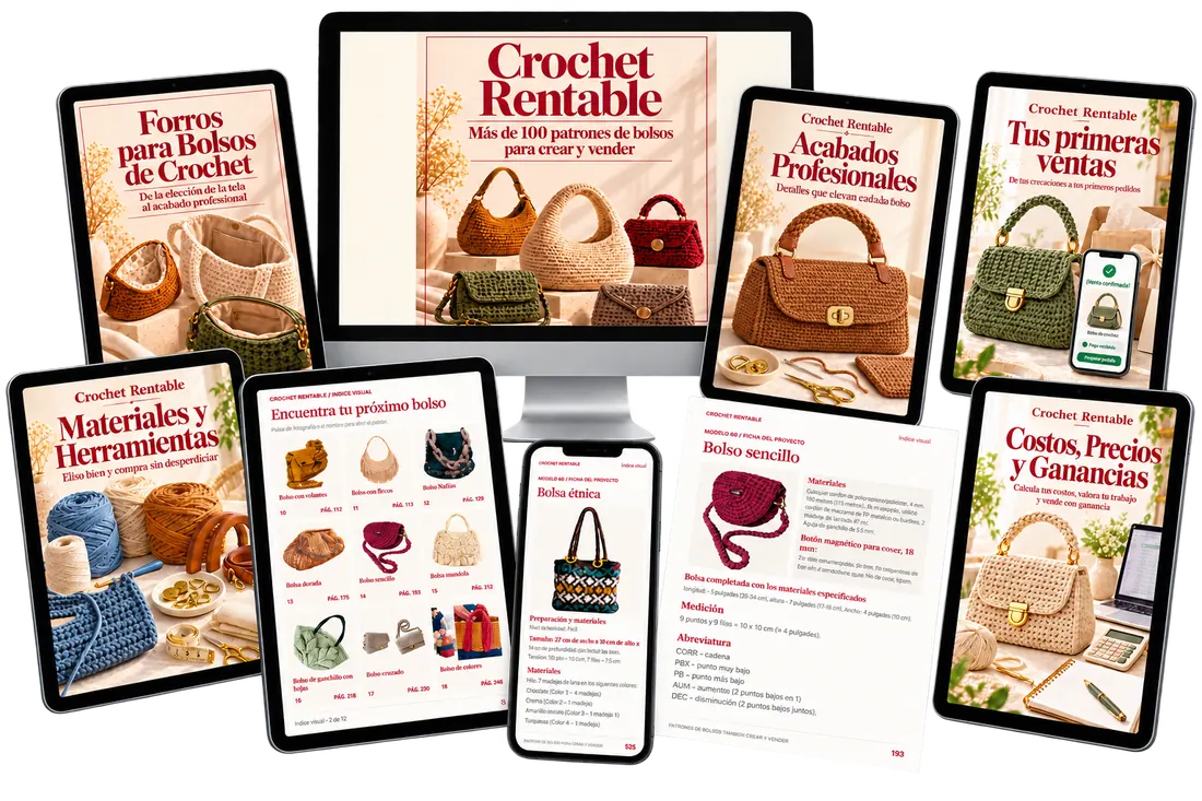 La colección de patrones y los cinco bonos de Crochet Rentable en tablets, computadora y celular